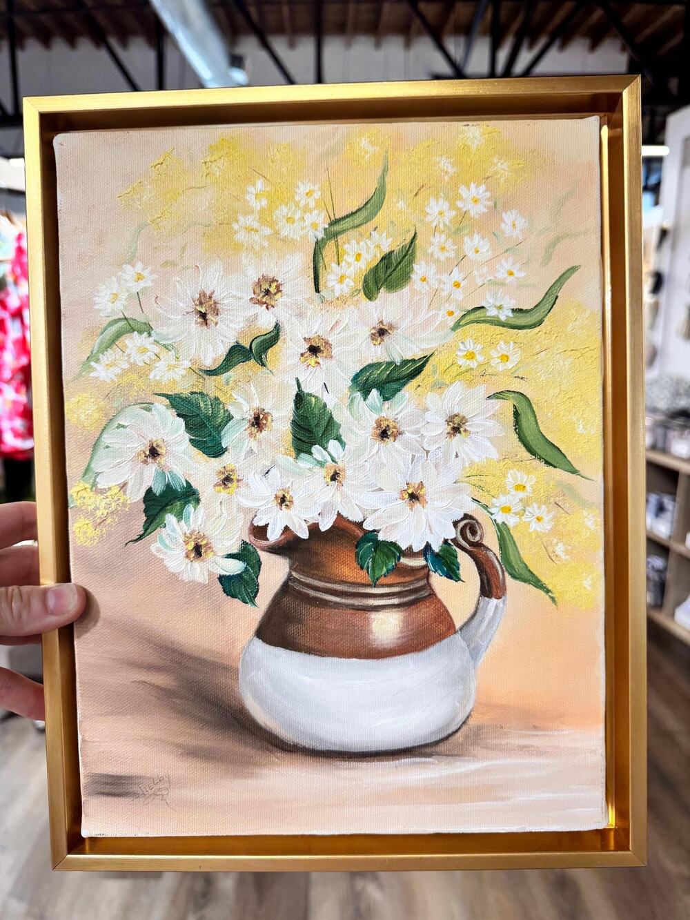 Vintage 1990s Floral Oil Painting | White Daisies Ceramic Pitcher, Gold Frame